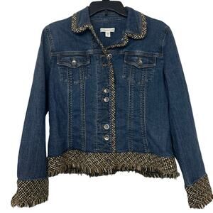 Coldwater Creek Denim Jean Jacket Tweed Trim Fringe Hem Boho Chic P12